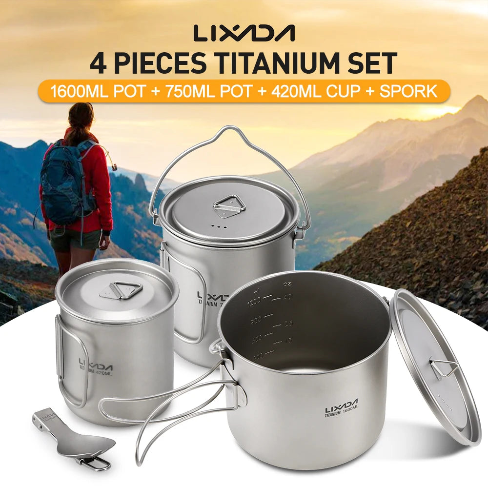 Lixada 900/1600Ml Titanium Pot Ultralight Portable Hanging Pot with Lid and Foldable Handle Outdoor Camping Hiking Backpacking