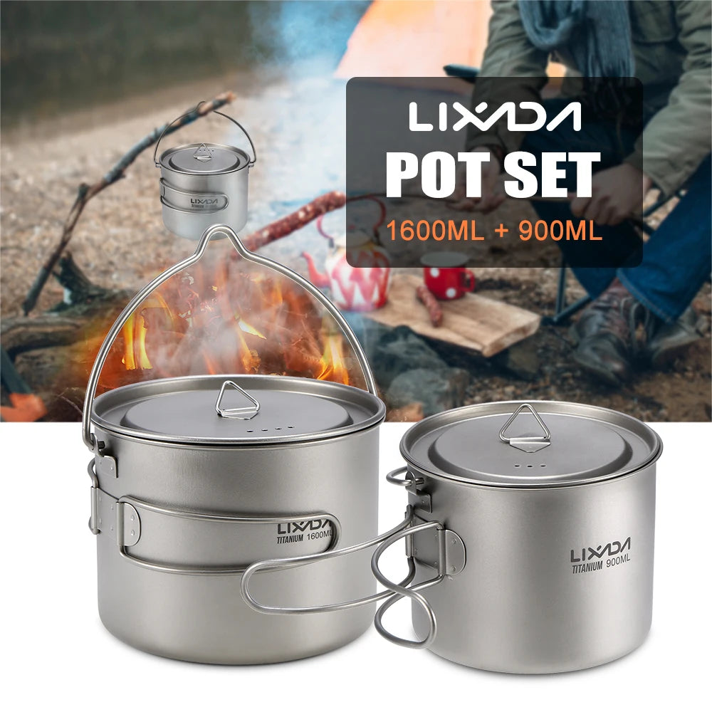 Lixada 900/1600Ml Titanium Pot Ultralight Portable Hanging Pot with Lid and Foldable Handle Outdoor Camping Hiking Backpacking