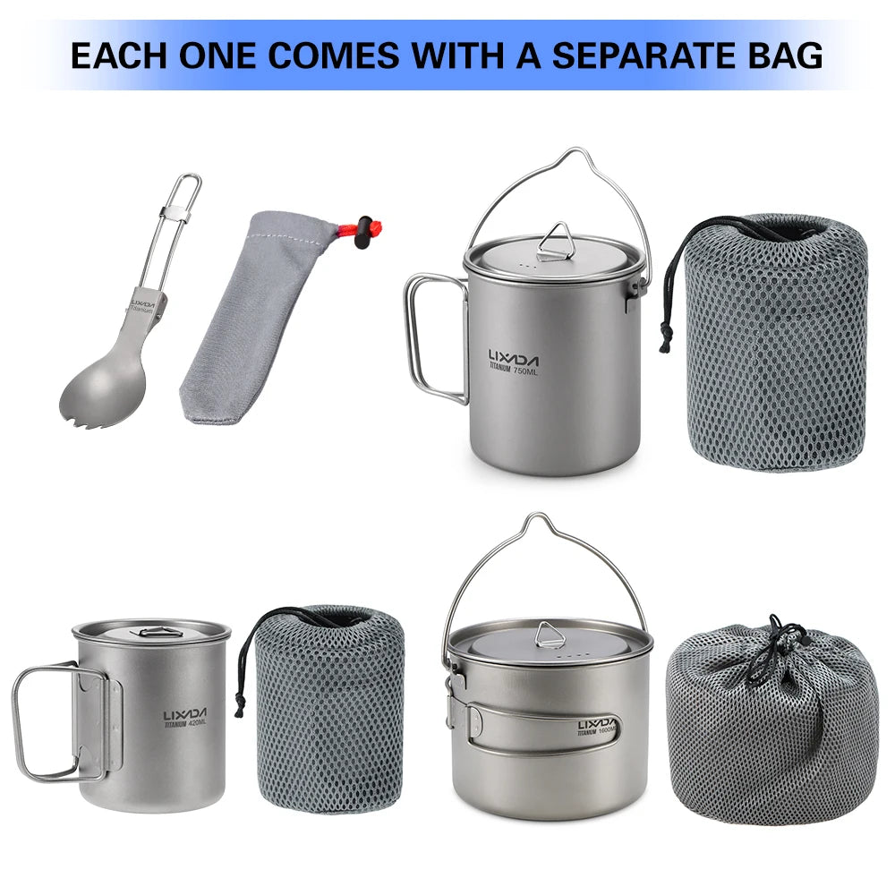Lixada 900/1600Ml Titanium Pot Ultralight Portable Hanging Pot with Lid and Foldable Handle Outdoor Camping Hiking Backpacking