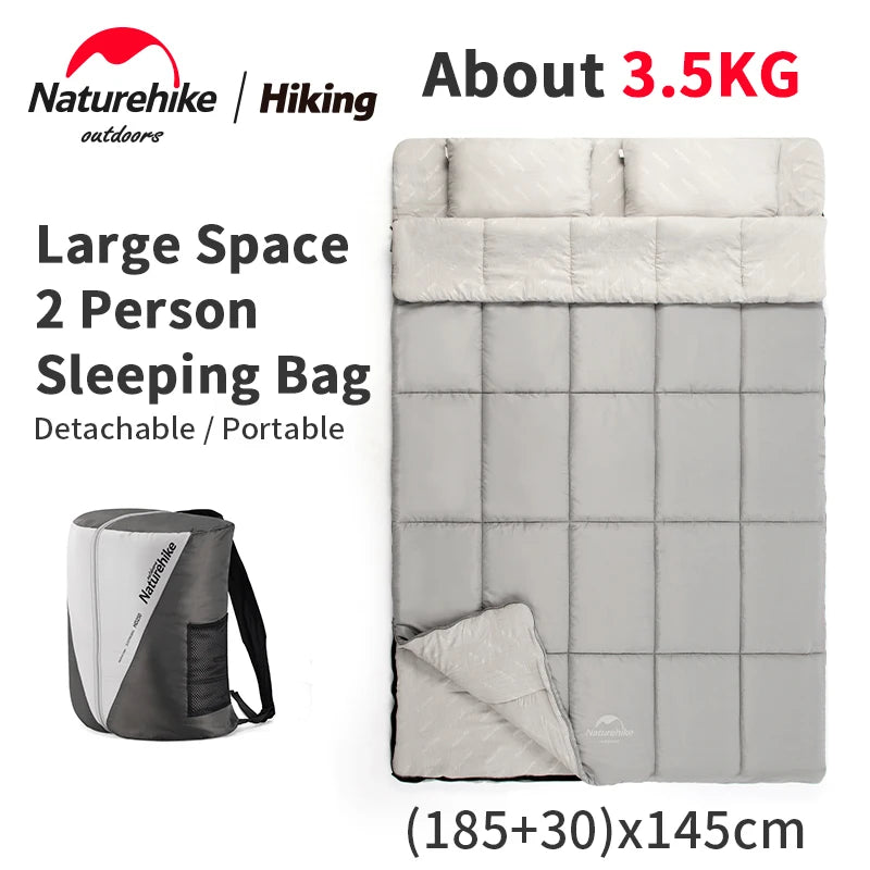 Naturehike Camping 2 Persons Envelope Sleeping Bag Cotton Filler Outdoor Autumn Winter Separable 5~15℃ Portable Give Pillow
