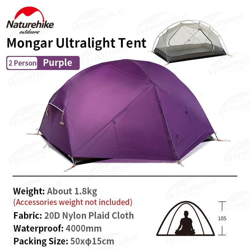 Naturehike Mongar 2-3 Person Camping Tent 15D Nylon Upgrade Double Layer Outdoor Tent Ultralight Waterproof Travel Hiking Tent