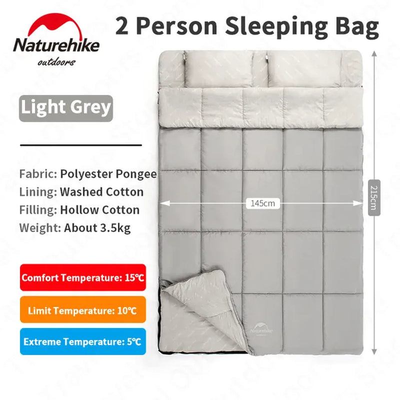 Naturehike Camping 2 Persons Envelope Sleeping Bag Cotton Filler Outdoor Autumn Winter Separable 5~15℃ Portable Give Pillow