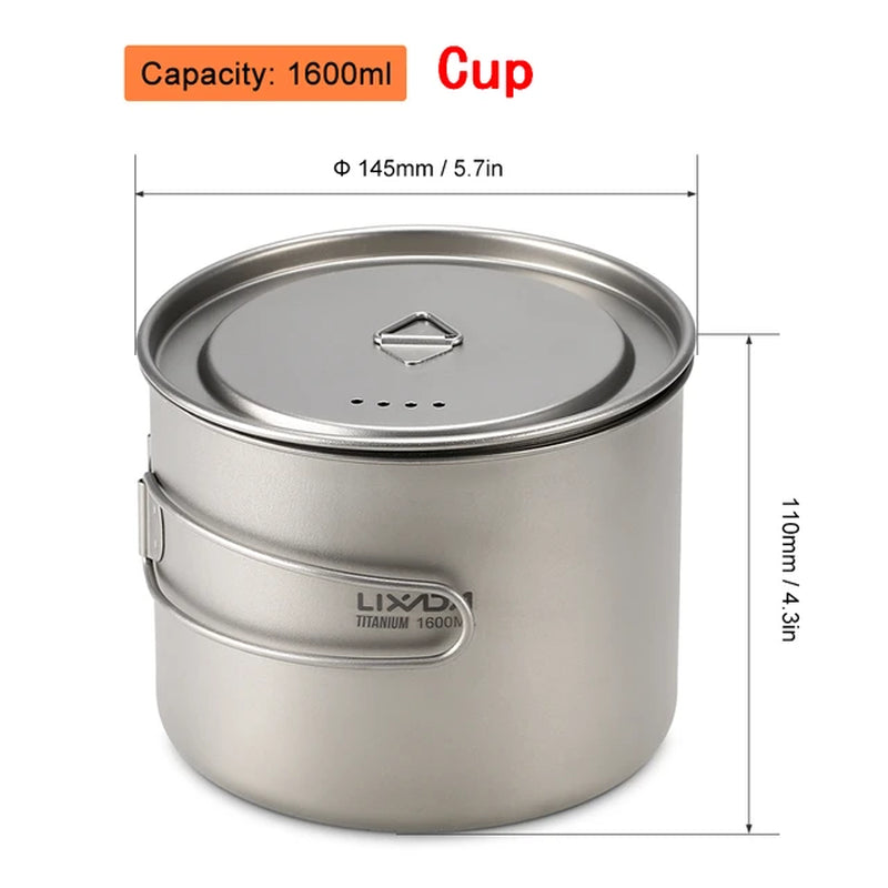 Lixada 900/1600Ml Titanium Pot Ultralight Portable Hanging Pot with Lid and Foldable Handle Outdoor Camping Hiking Backpacking