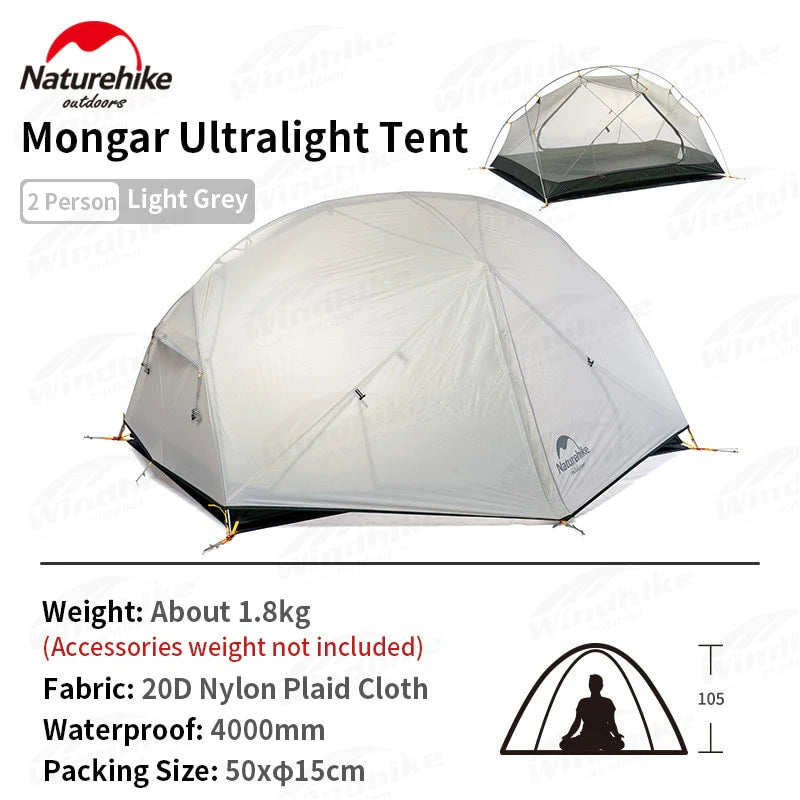 Naturehike Mongar 2-3 Person Camping Tent 15D Nylon Upgrade Double Layer Outdoor Tent Ultralight Waterproof Travel Hiking Tent