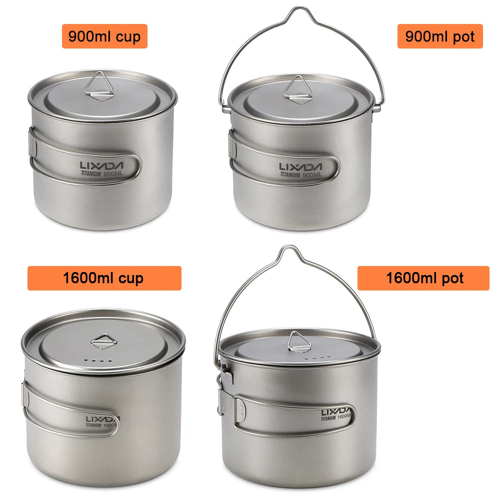 Lixada 900/1600Ml Titanium Pot Ultralight Portable Hanging Pot with Lid and Foldable Handle Outdoor Camping Hiking Backpacking
