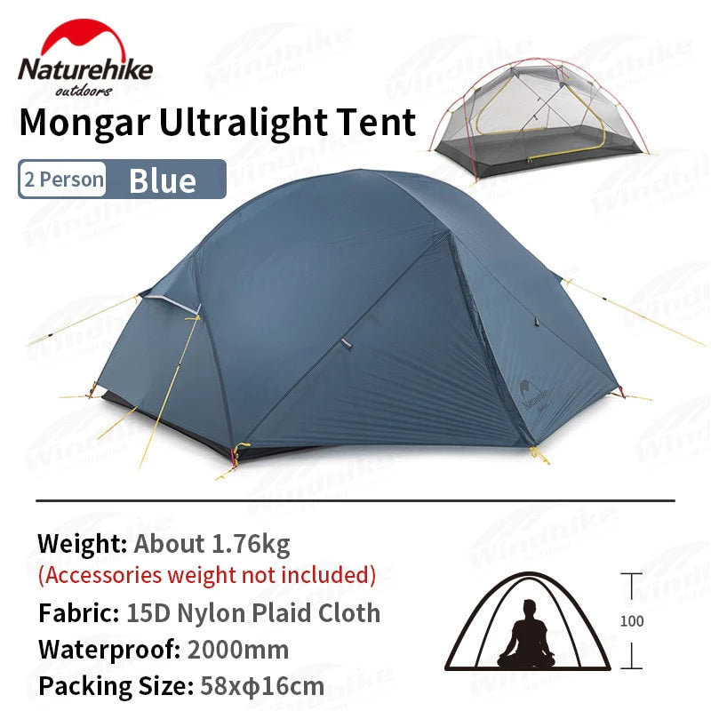 Naturehike Mongar 2-3 Person Camping Tent 15D Nylon Upgrade Double Layer Outdoor Tent Ultralight Waterproof Travel Hiking Tent