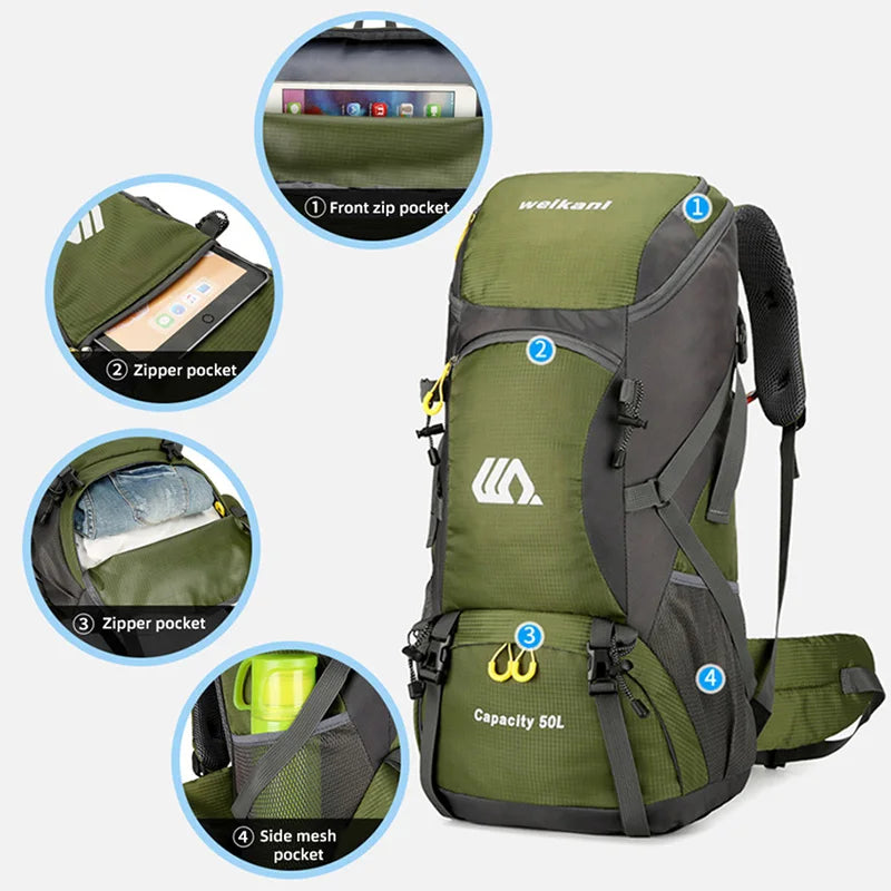 50L Large Outdoor Bag Backpack Hiking Camping Climbing Rucksack Men Waterproof Nylon Sports Travel Shoulder Travel Bag Daily