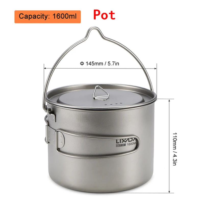 Lixada 900/1600Ml Titanium Pot Ultralight Portable Hanging Pot with Lid and Foldable Handle Outdoor Camping Hiking Backpacking