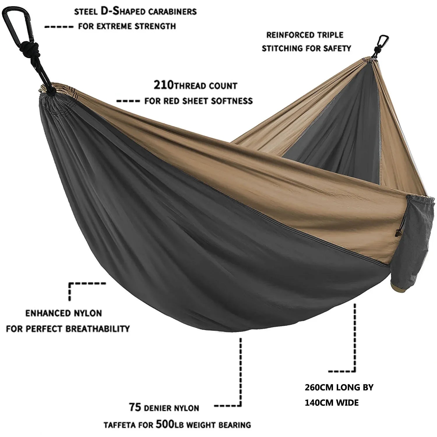 Solid Color Parachute Hammock with Hammock Straps and Black Carabiner Camping Survival Travel Double Person Outdoor Furniture