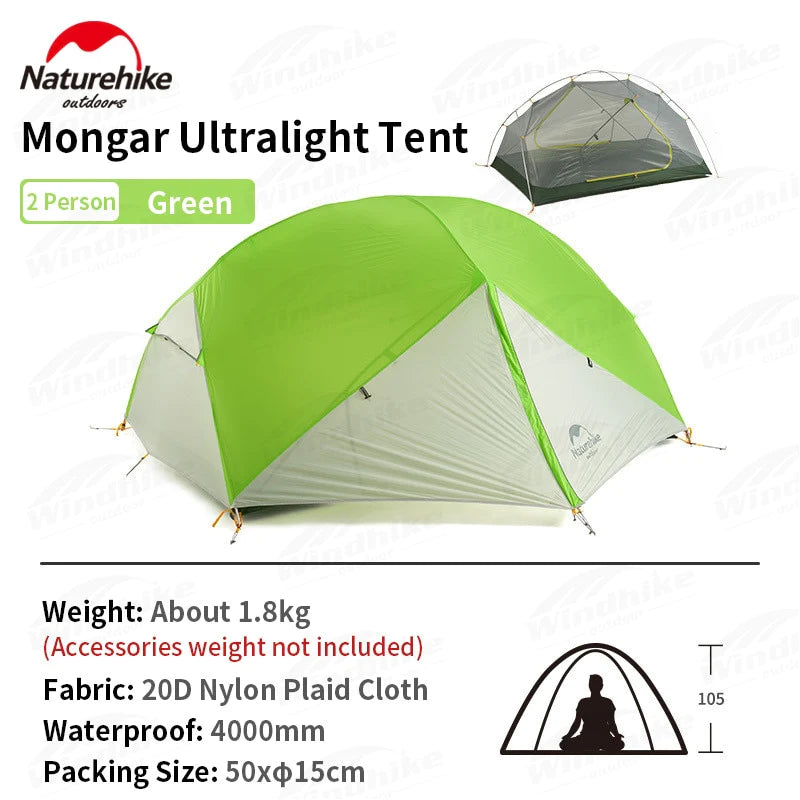 Naturehike Mongar 2-3 Person Camping Tent 15D Nylon Upgrade Double Layer Outdoor Tent Ultralight Waterproof Travel Hiking Tent