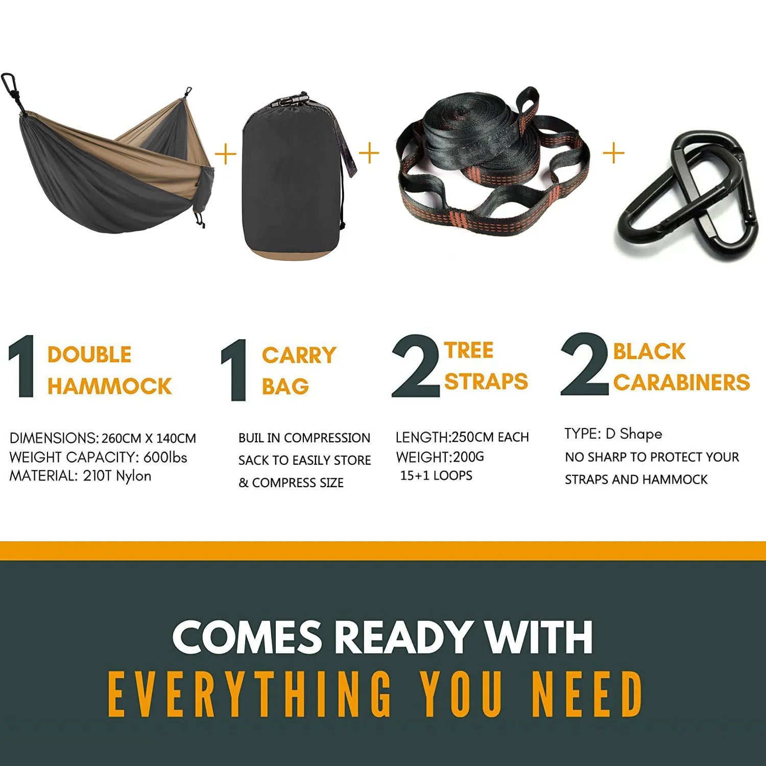 Solid Color Parachute Hammock with Hammock Straps and Black Carabiner Camping Survival Travel Double Person Outdoor Furniture